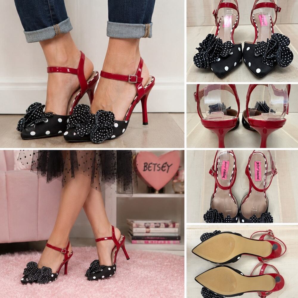 Betsey Johnson Neena Polka Dot Floral Ankle Strap Heels Sz 6.5 Pinup Rockabilly